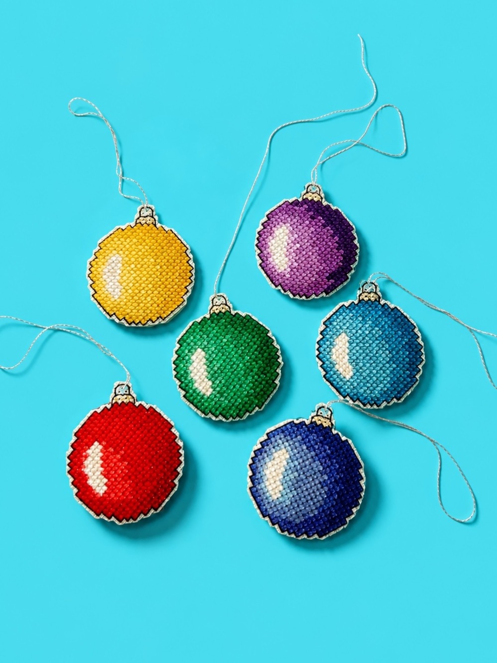 Vintage 1970s Cross Stitch Christmas Holiday Ornament Lot of 6
